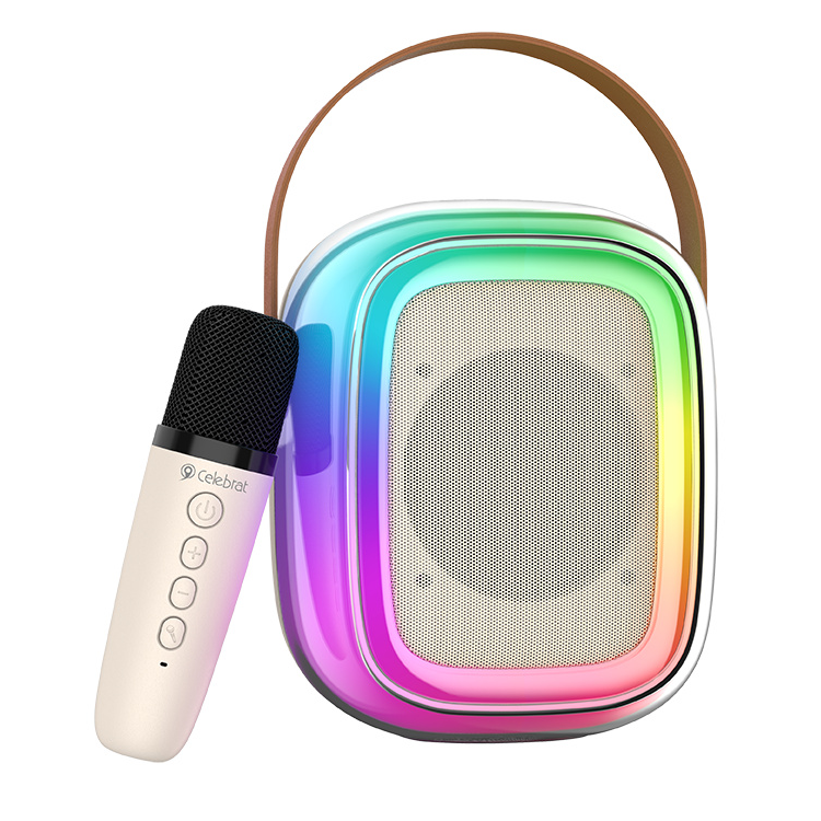 K10 portable karaoke speaker with carry handle and wireless microphone, front view.