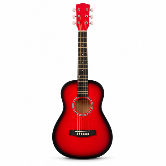 Illustrative front view of 25-inch non-cutaway acoustic guitar in red with black edge shading