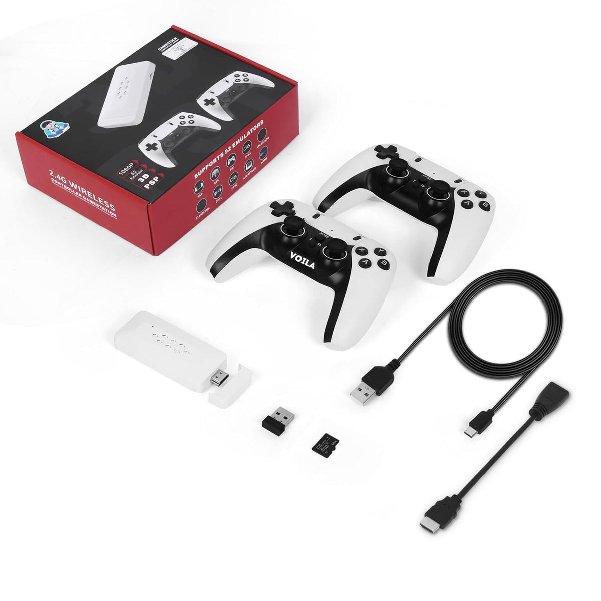 M22 Retro Game Stick with dual wireless controllers and accessories