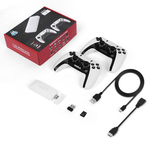 M22 Retro Game Stick with dual wireless controllers and accessories