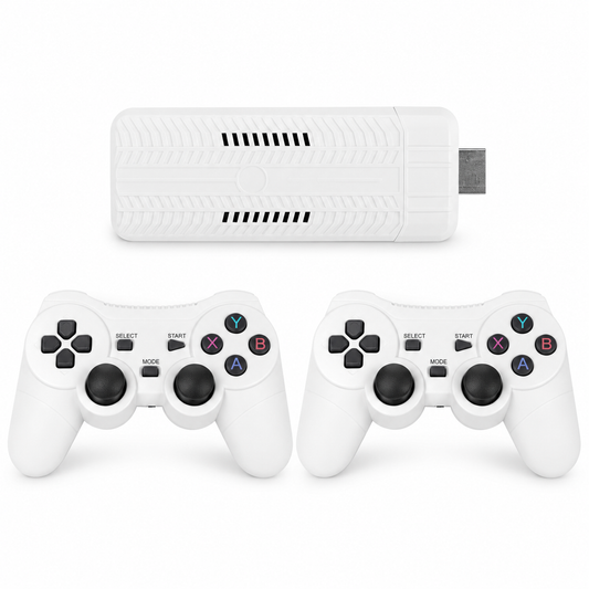 M66-II Retro Game Stick with two white wireless controllers