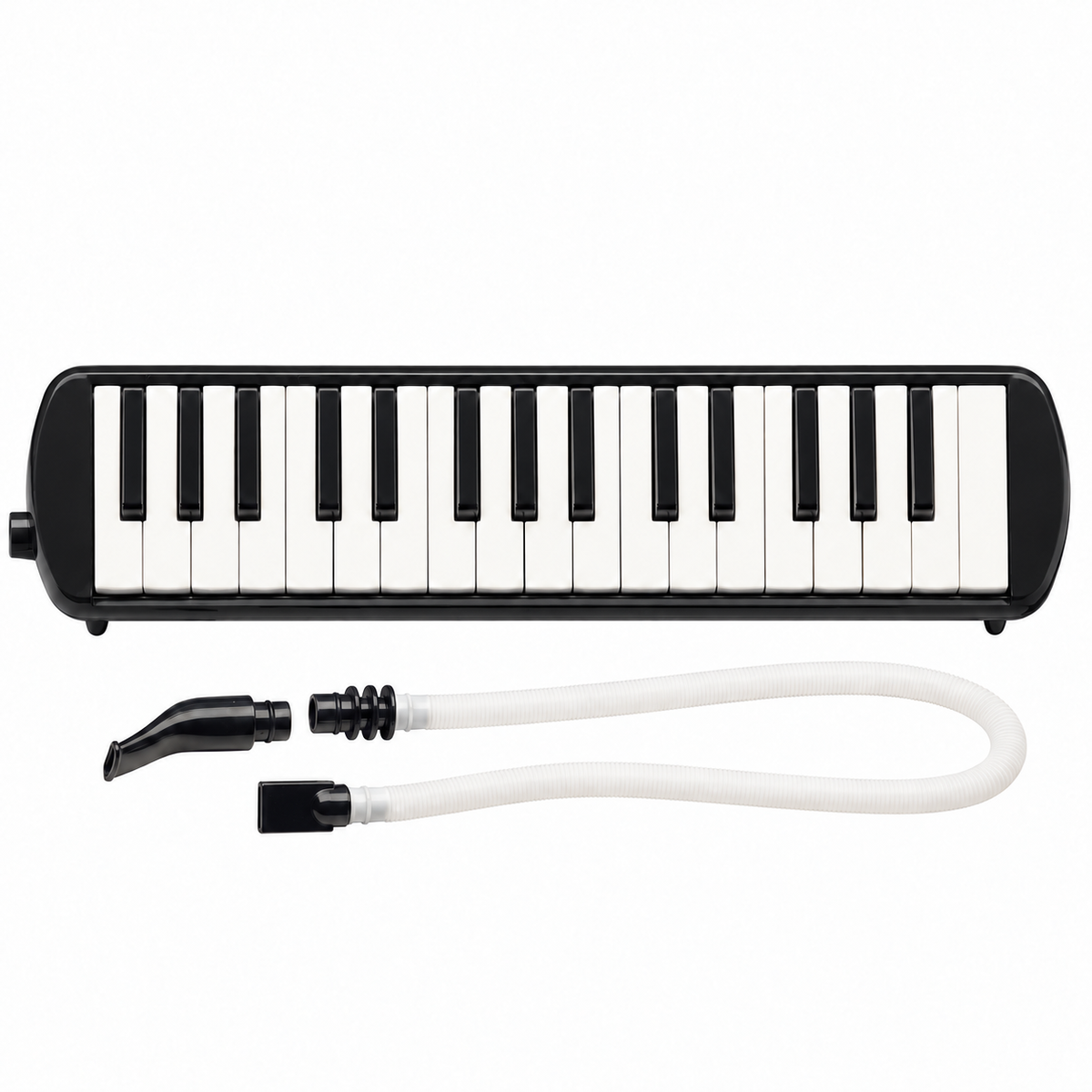 Black 32-key melodica, front view; digitally recoloured product image