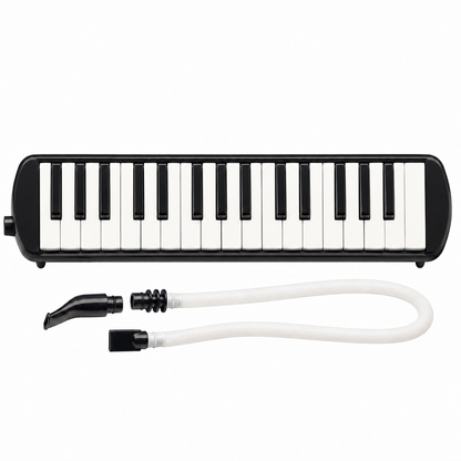 Black 32-key melodica, front view; digitally recoloured product image