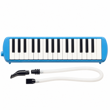 Blue 32-key melodica with mouthpiece and flexible tube, front view on white background