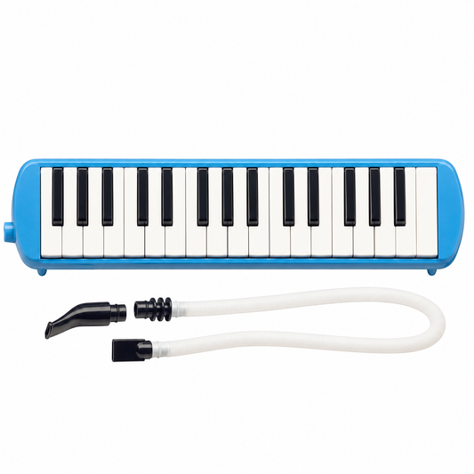 Blue 32-key melodica with mouthpiece and flexible tube, front view on white background