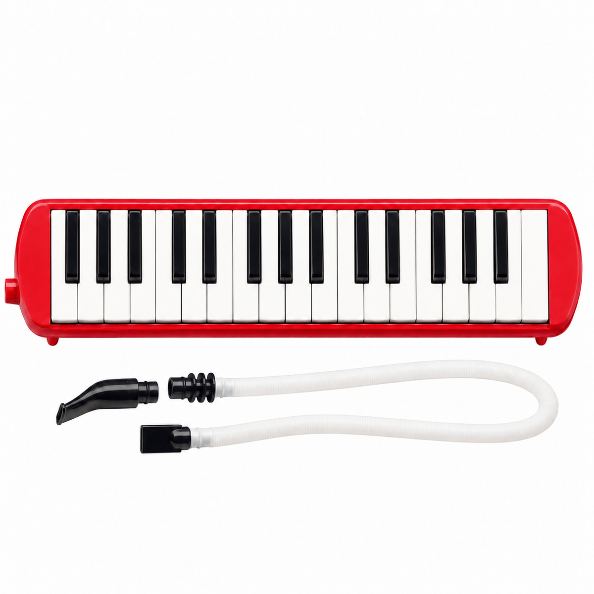 Red 32-key melodica, front view; digitally recoloured product image