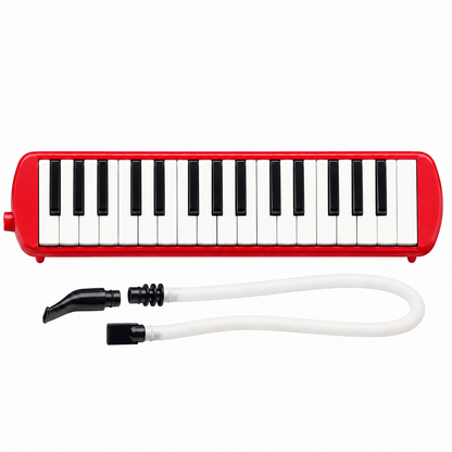 Red 32-key melodica, front view; digitally recoloured product image