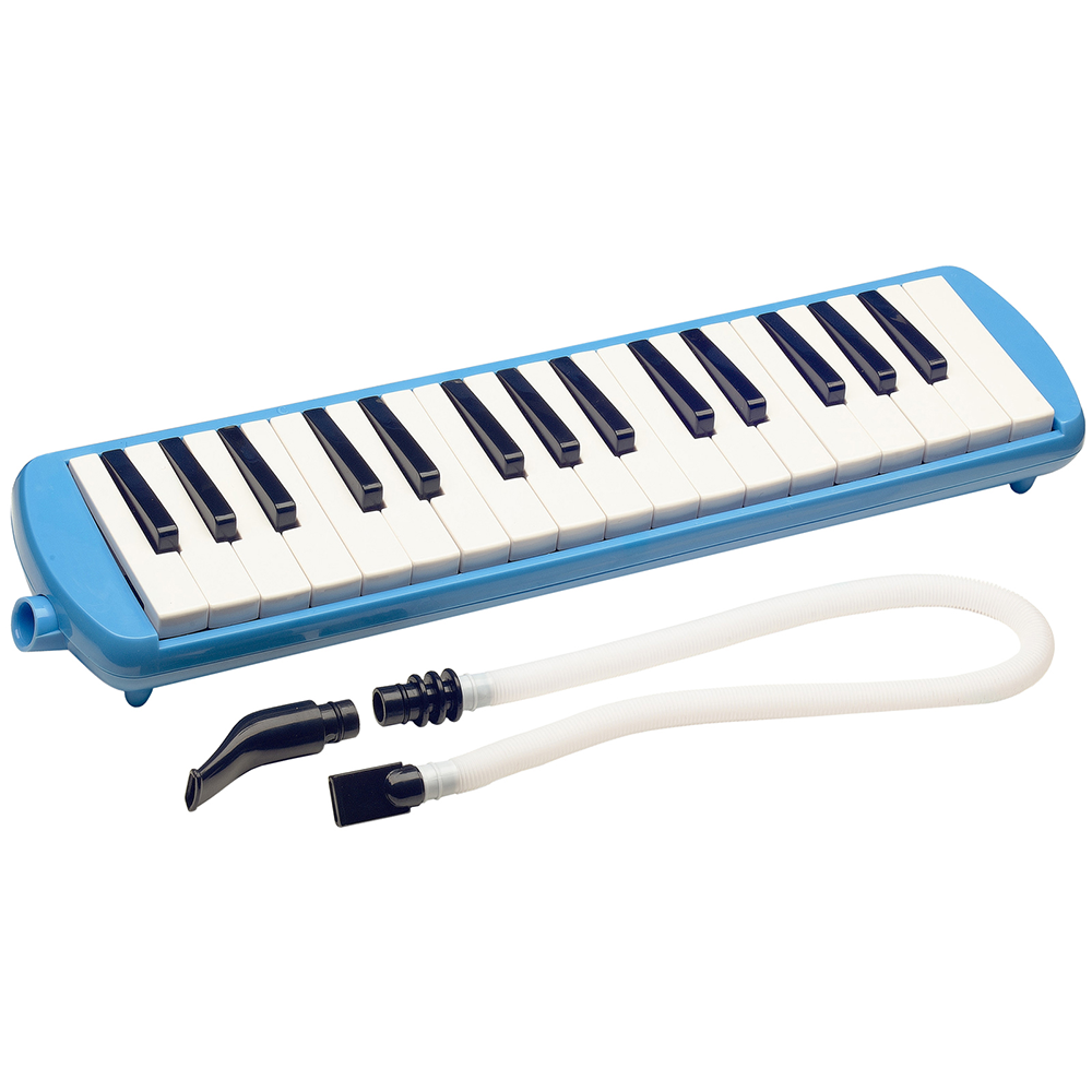 Blue 32-key melodica with flexible tube and mouthpiece