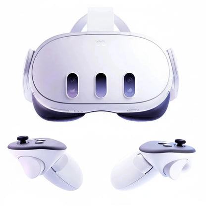 White VR headset with two controllers on a white background