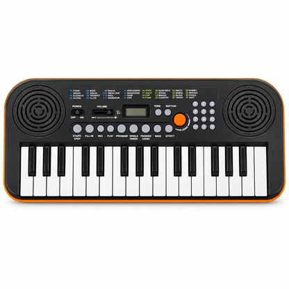 Miles MLS-6682 black 32-key mini keyboard with orange trim, front view.