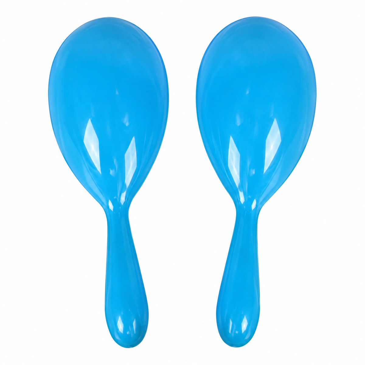 Pair of blue mini plastic maracas, front view on white background