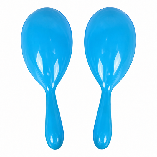 Pair of blue mini plastic maracas, front view on white background