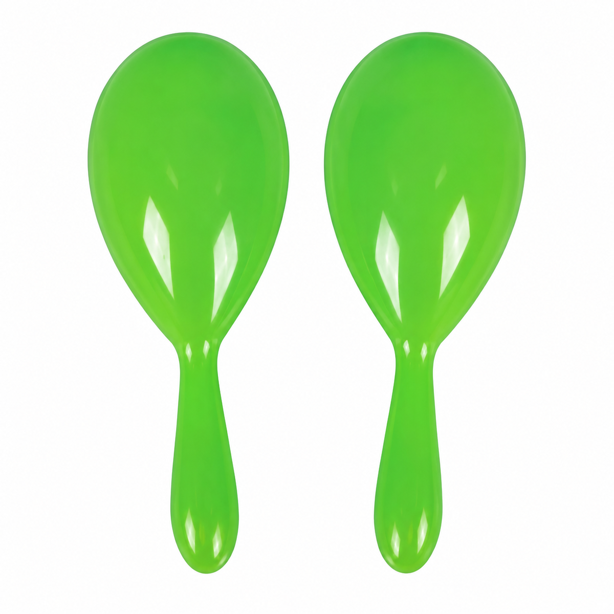 Pair of green mini plastic maracas, front view on white background