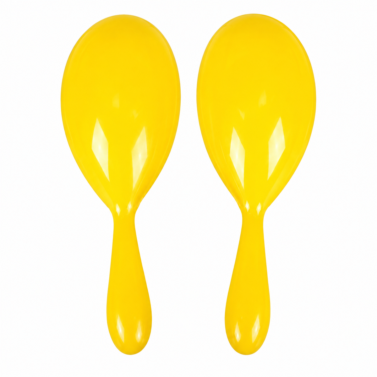 Pair of yellow mini plastic maracas, front view on white background