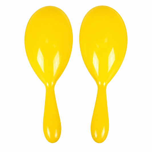 Pair of yellow mini plastic maracas, front view on white background