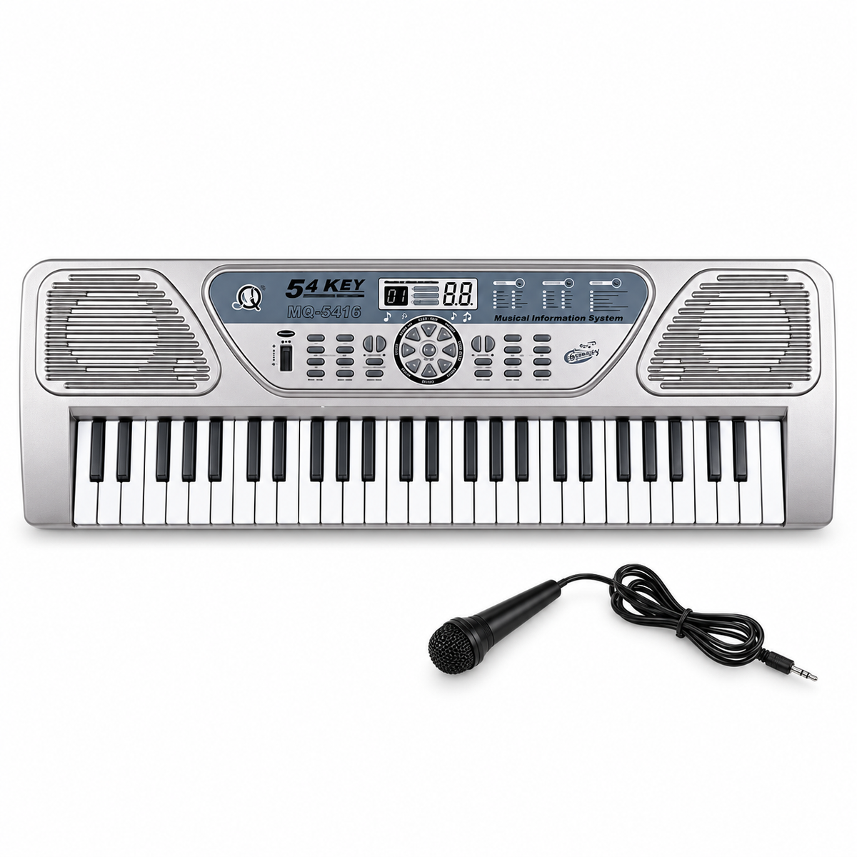 MQ-5416 silver 54-key musical keyboard with wired microphone, front view.