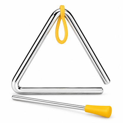 Metal music triangle with yellow hanger and striker, front view on white background
