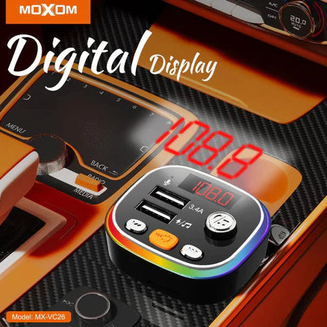 Car charger with digital display and rainbow-colored design on a black textured background, featuring the Moxom brand.