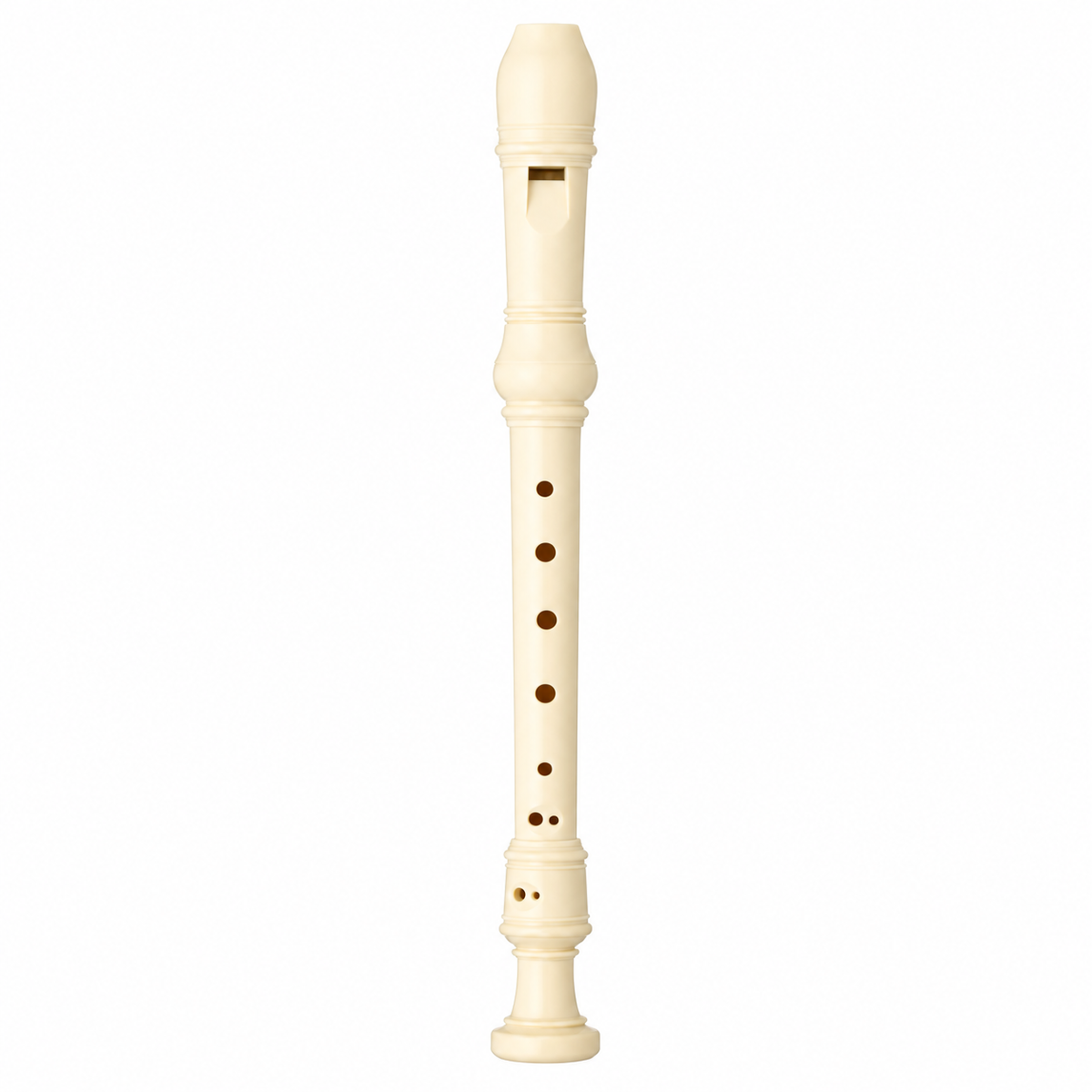Natural ivory plastic soprano recorder, front view on white background