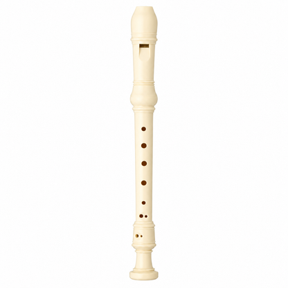 Natural ivory plastic soprano recorder, front view on white background