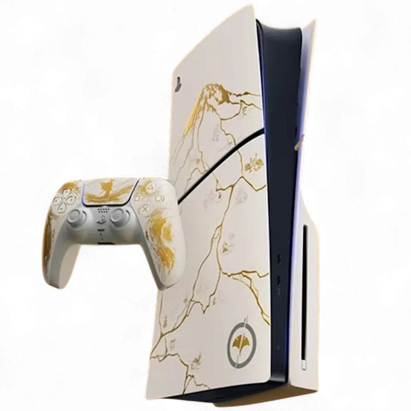 Gaming console and controller with marble design on a white background