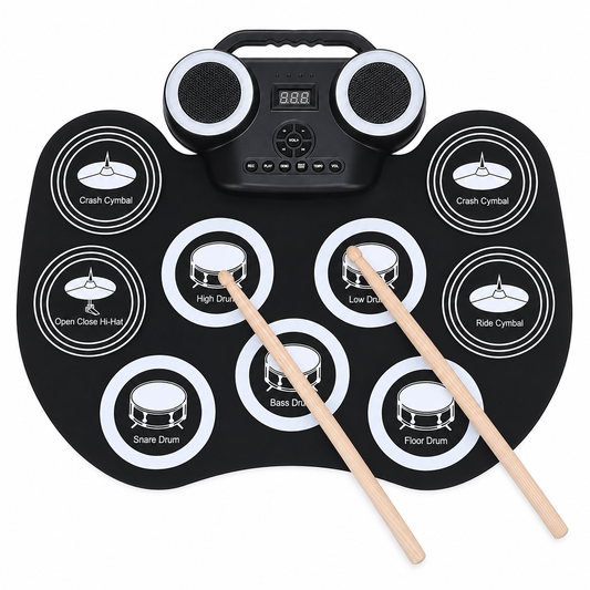 Portable roll-up digital drum kit with dual speakers and drumsticks, straight front view.
