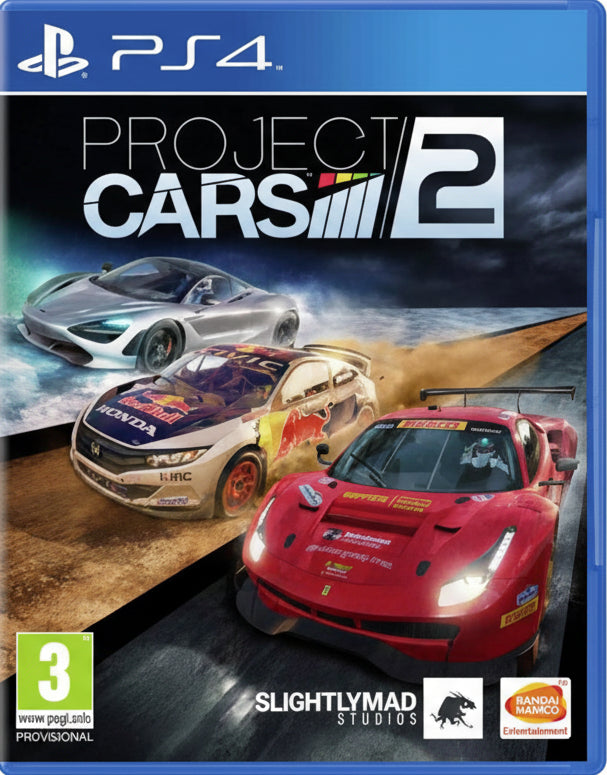 Cover of 'Project CARS 2' for PS4 with three racing cars and PlayStation 4 logo.