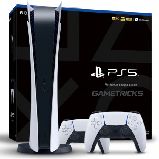 PlayStation 5 Digital Edition console with controller in front of packaging