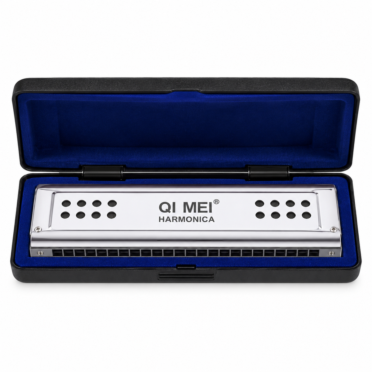 QI MEI stainless steel 24-hole harmonica in open case, front view