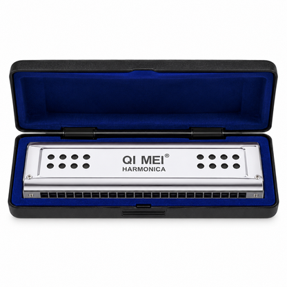 QI MEI stainless steel 24-hole harmonica in open case, front view