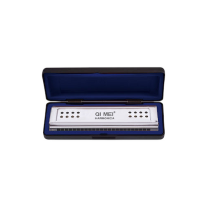 QI MEI stainless steel harmonica in open case