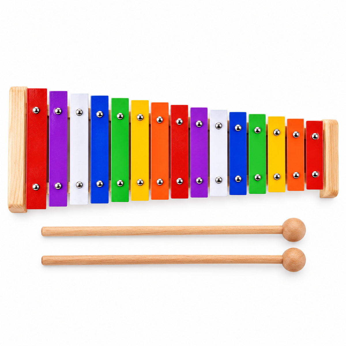 Colorful rainbow 15-note xylophone with two wooden mallets, front view.