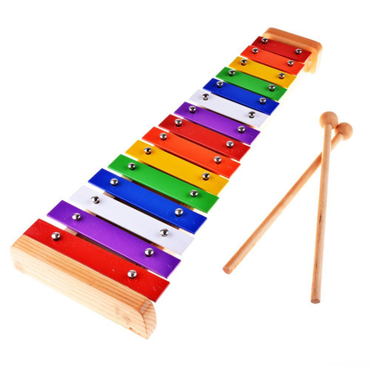 Original photo of colorful rainbow xylophone with fifteen bars and two wooden mallets.