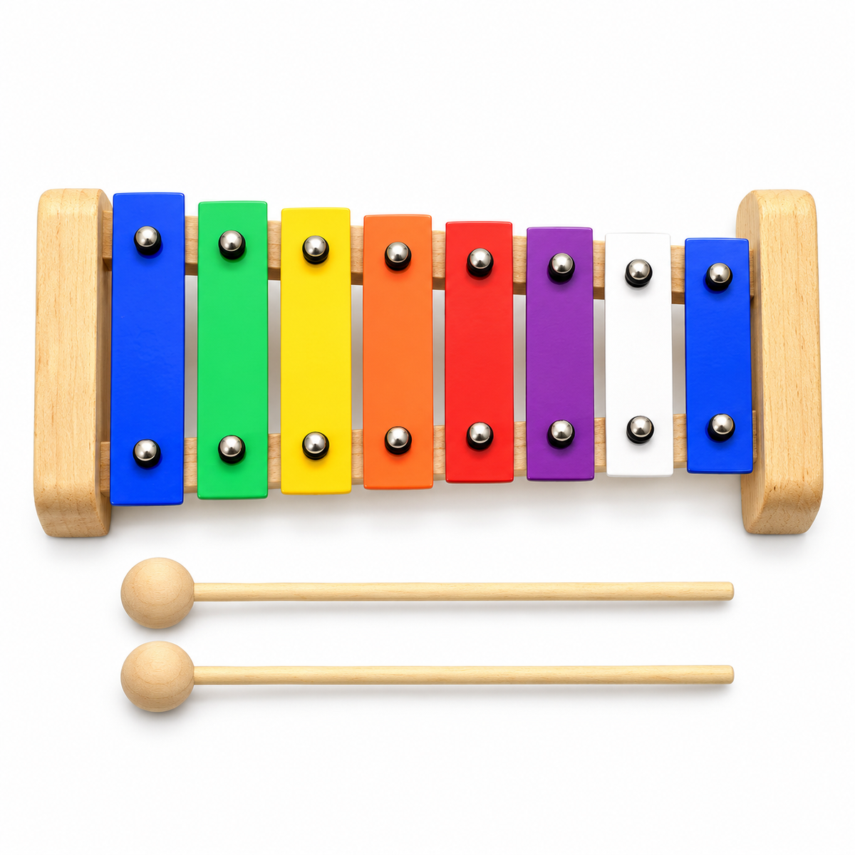 Colorful rainbow 8-note xylophone with two wooden mallets, front view.