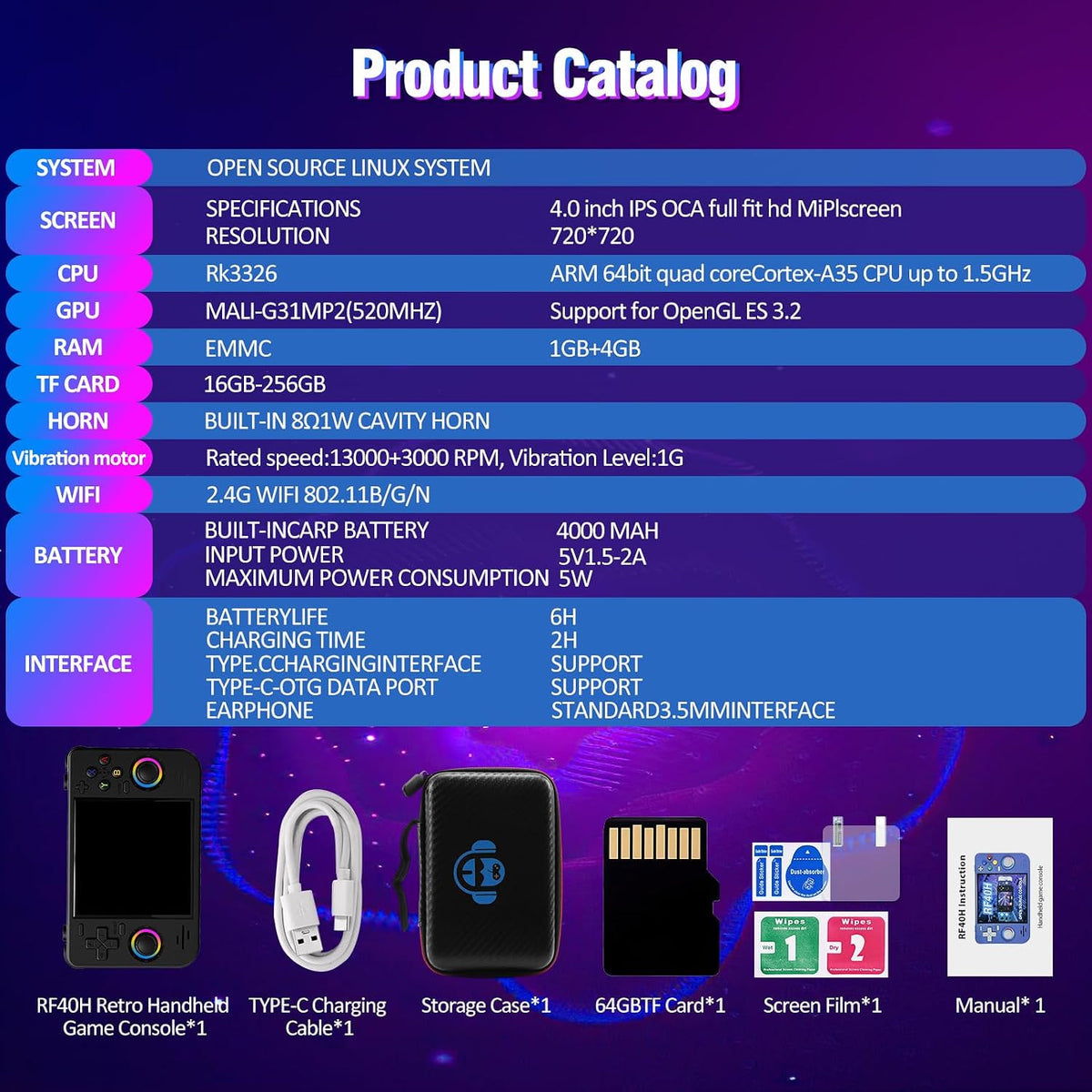RF40H Handheld Retro Game Console, 4.0" 20,000+ Classic Games, Open Source Linux System, Support WiFi Online Play