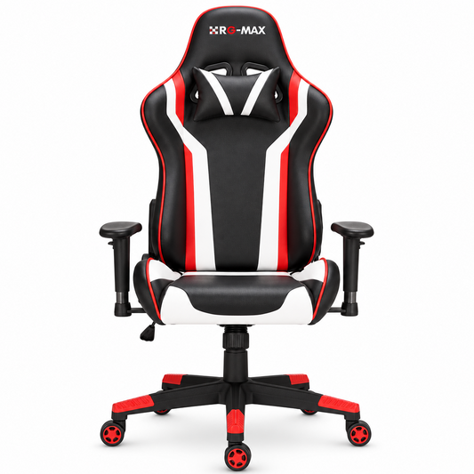 RG Max Pro reclining gaming chair black white red full front view on white – AI-edited supplier photo