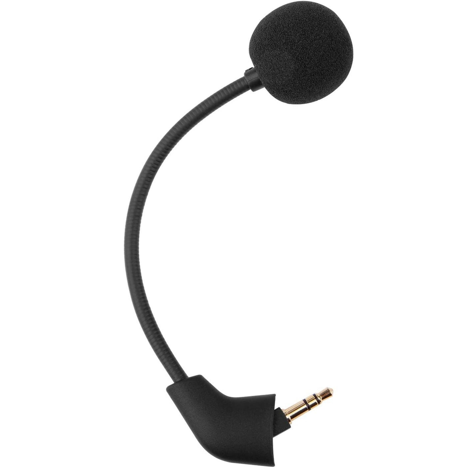 Black lavalier microphone with flexible gooseneck on a white background