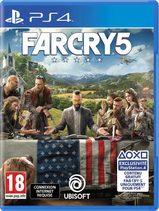 Game cover for Far Cry 5 on PlayStation 4 with characters around a table in a scenic setting.