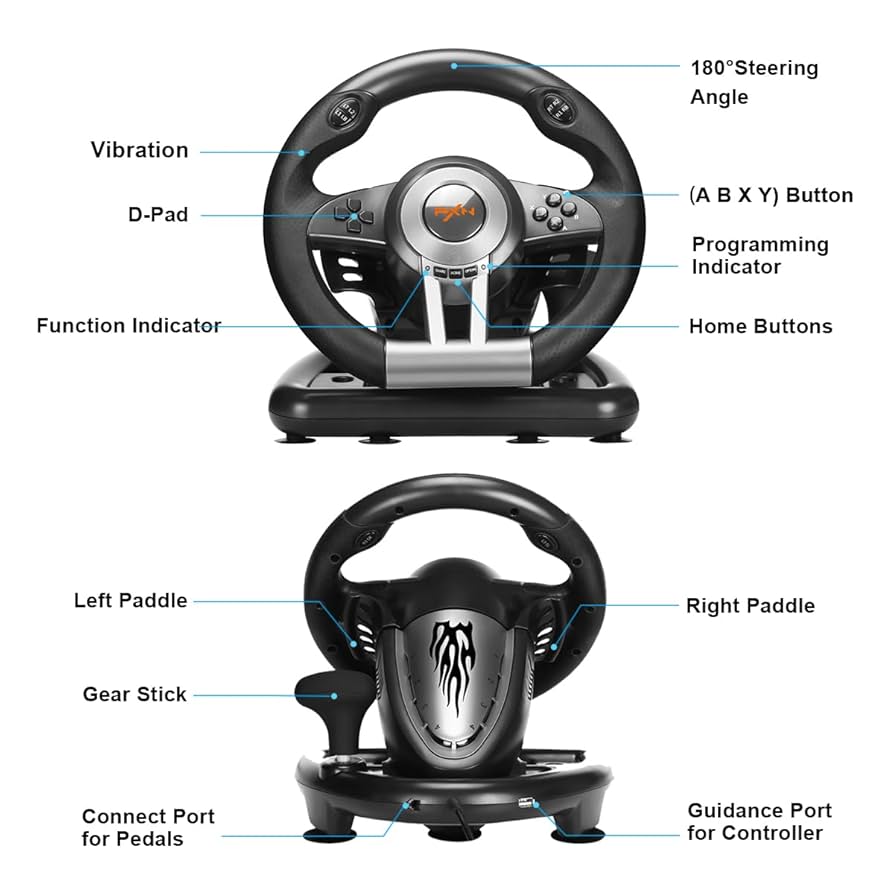 PXN V3 Pro 180 Degree Steering Wheel with Pedals, Vibration Feedback fot for PC, PS3, PS4, Xbox One & Series XS, Nintedno Switch - Black PXN