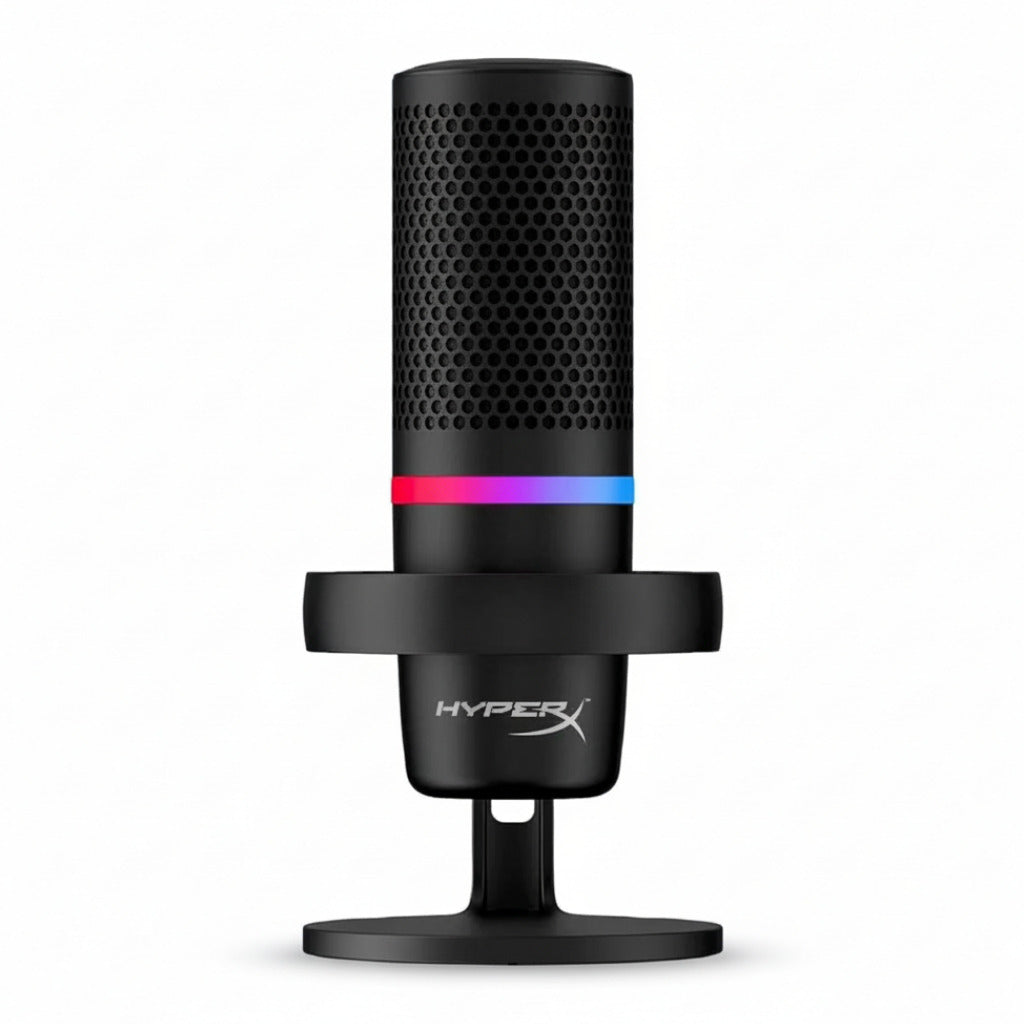 Black HyperX microphone with RGB lighting on a white background