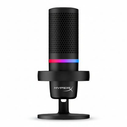 Black HyperX microphone with RGB lighting on a white background