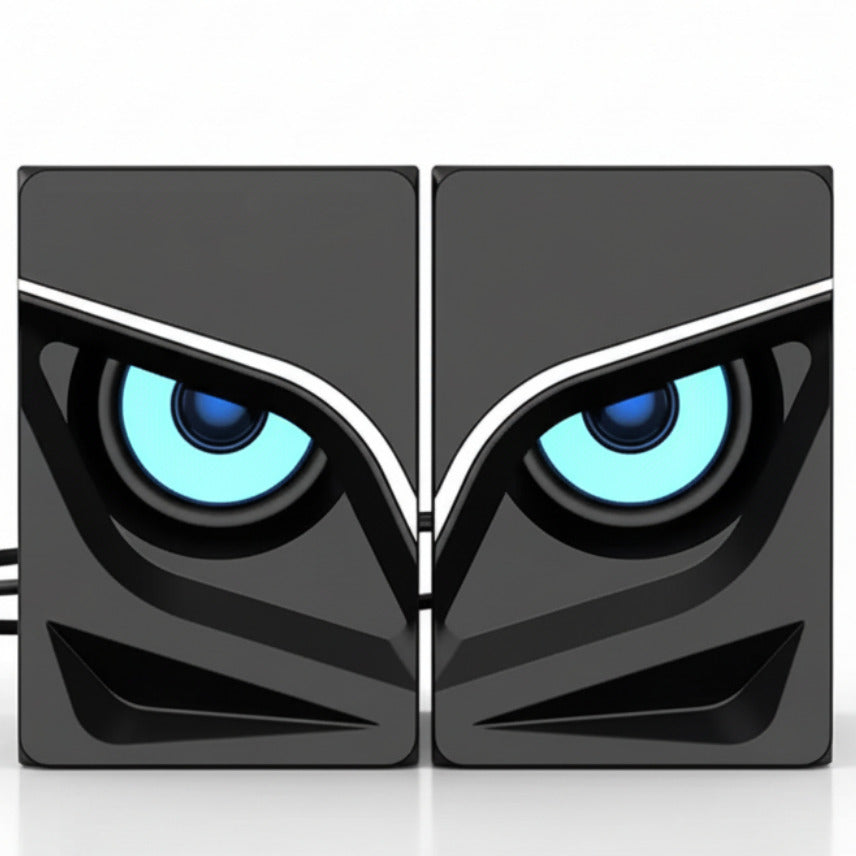 Black and gray design with blue eyes on a white background