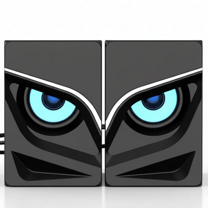 Black and gray design with blue eyes on a white background