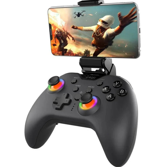 Gaming controller with smartphone mount displaying a gaming app on a white background