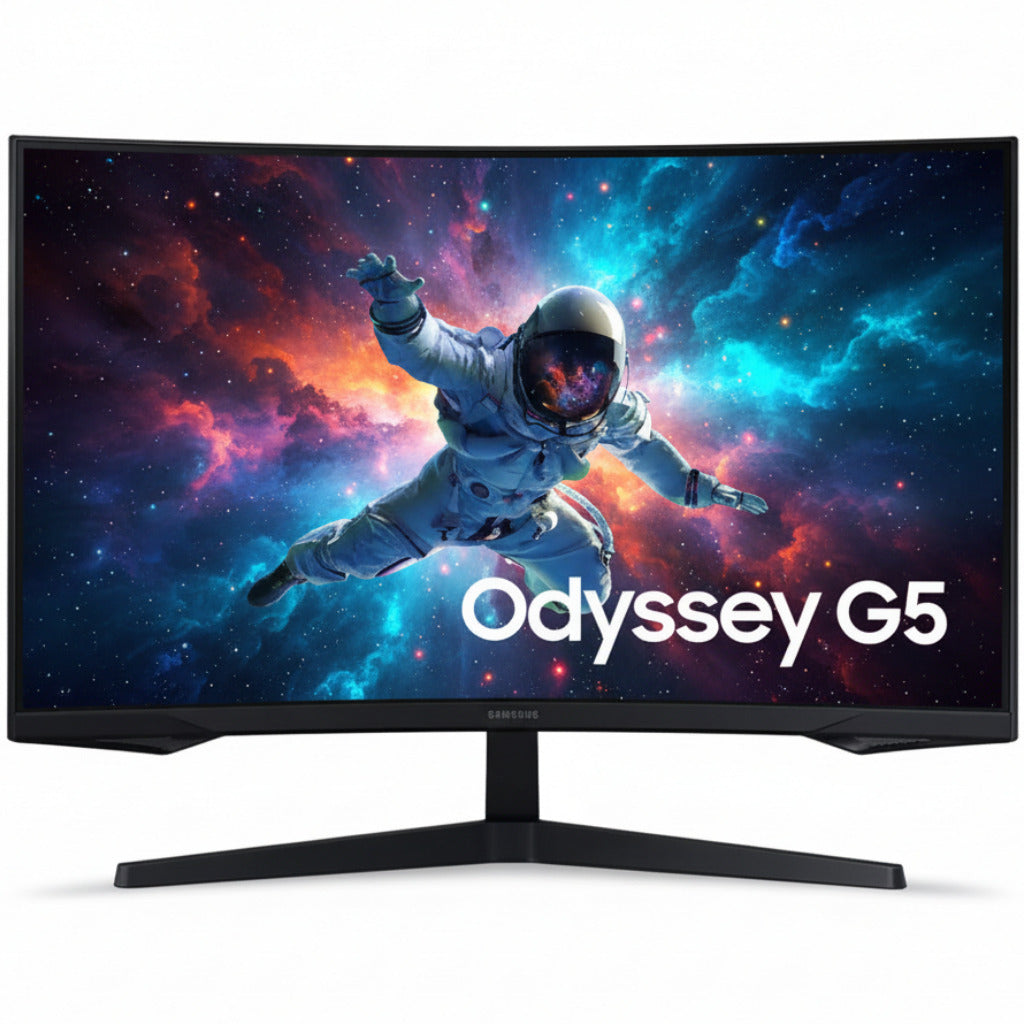 Gaming monitor with 'Odyssey G5' branding and an astronaut graphic on a white background