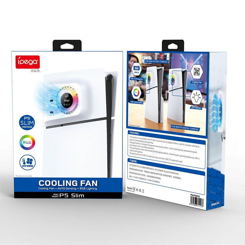 PG-P5S019 RGB Cooling Fan with 2 USB Ports for PS5 Slim - Auto-Sensing Cooler IPEGA