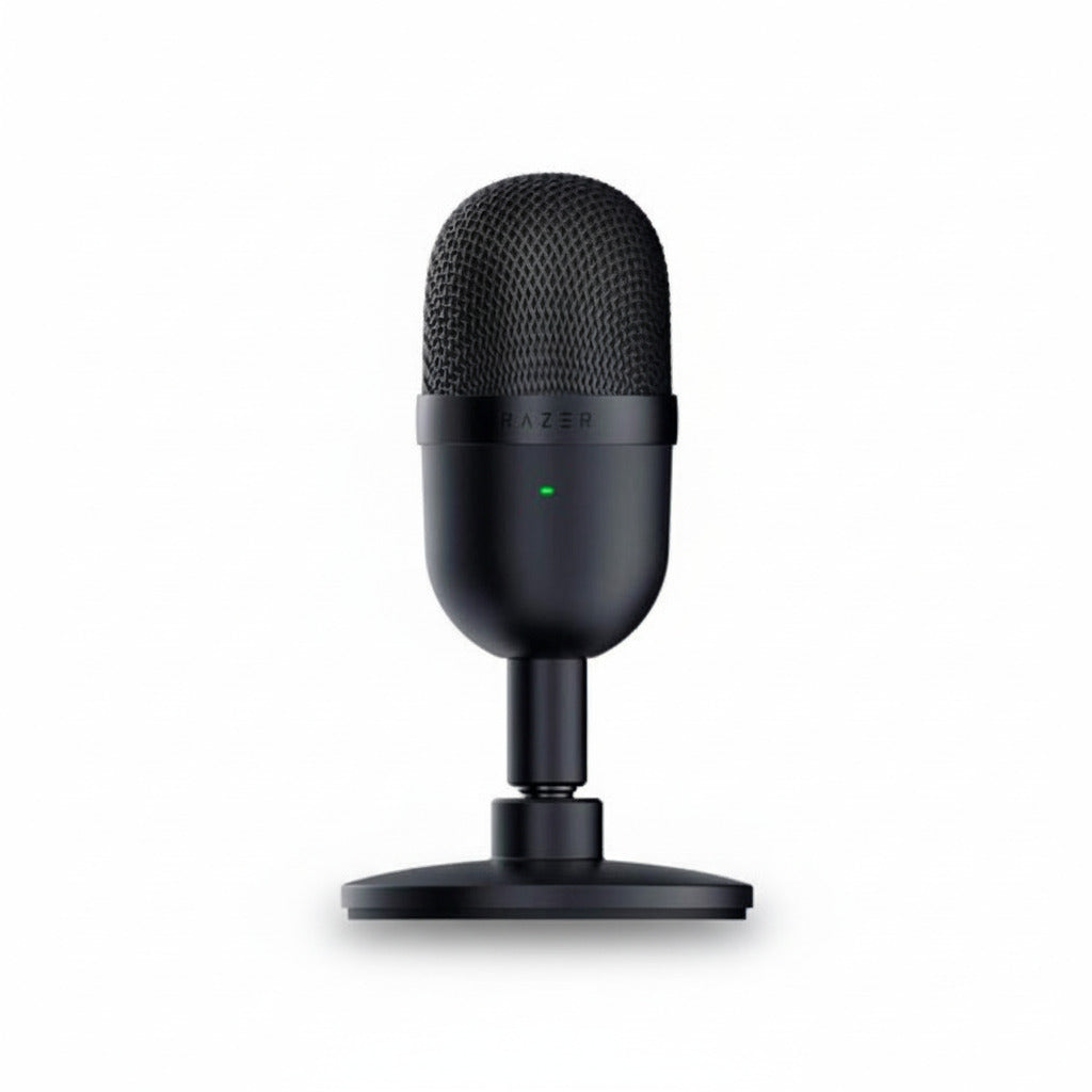 Black Razer microphone on a white background