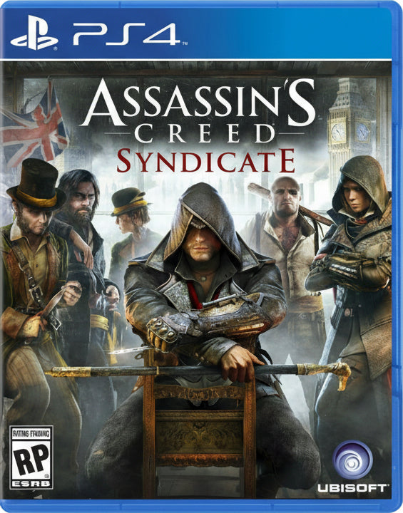 Assassin's Creed Syndicate game cover for PS4 with characters and Ubisoft logo.