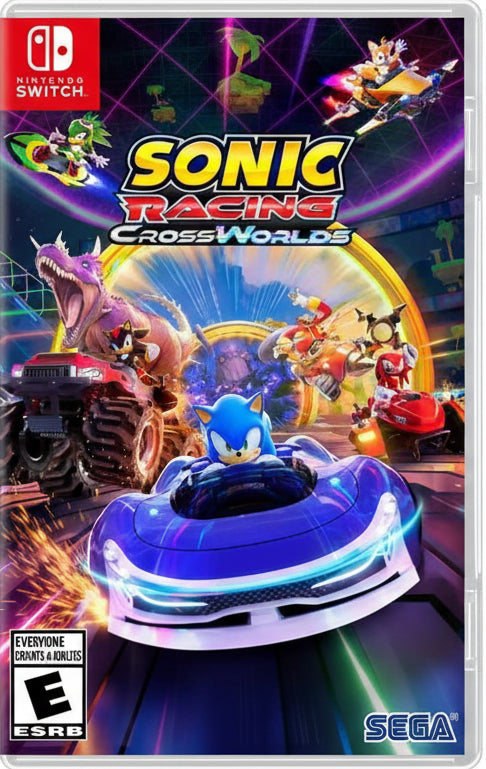 Box art for Sonic Racing: Cross Worlds featuring Sonic the Hedgehog and racing cars on a colorful background.