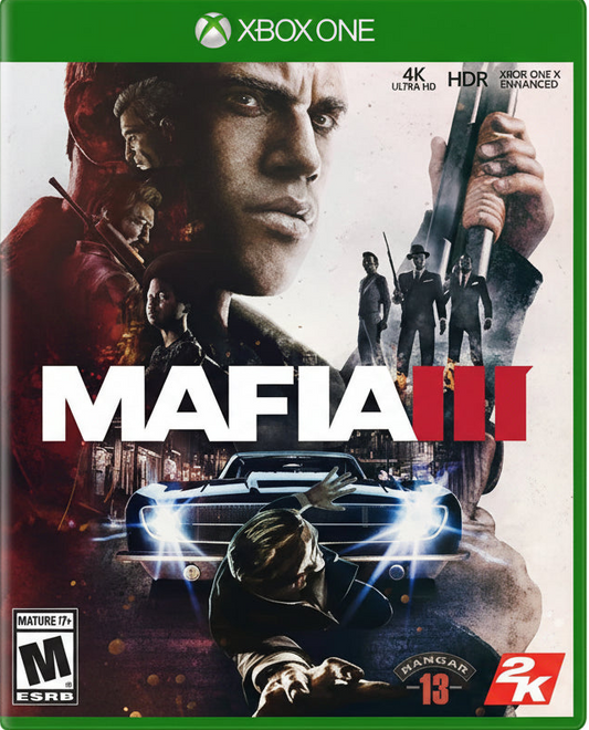 Mafia III game cover for Xbox One with characters and car on a white background